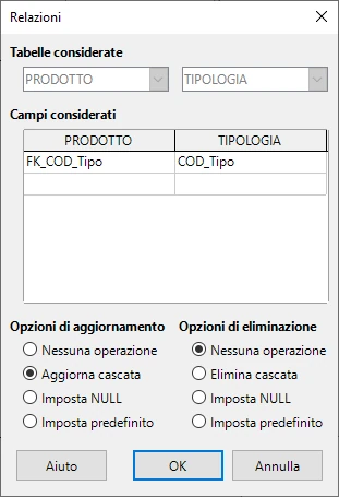 Dialog Relazioni con opzioni cascata
